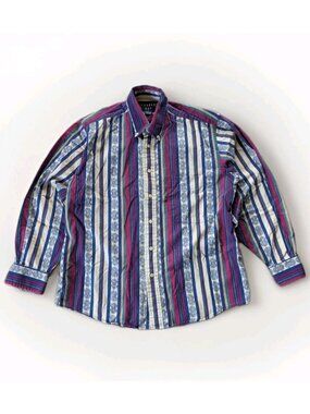 Vintage Trader Bay Striped Medallion Button‑Down Shirt | 90s Cotton | Men’s M